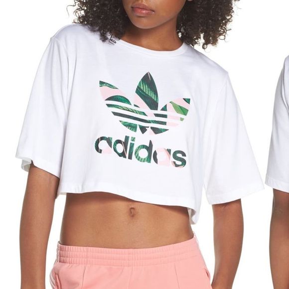 adidas Cropped Tropical Palm Logo Tee - Picture 2 of 4